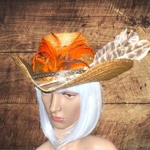 Stylish straw and Orange Feathered cowgirl/boy unisex Hat